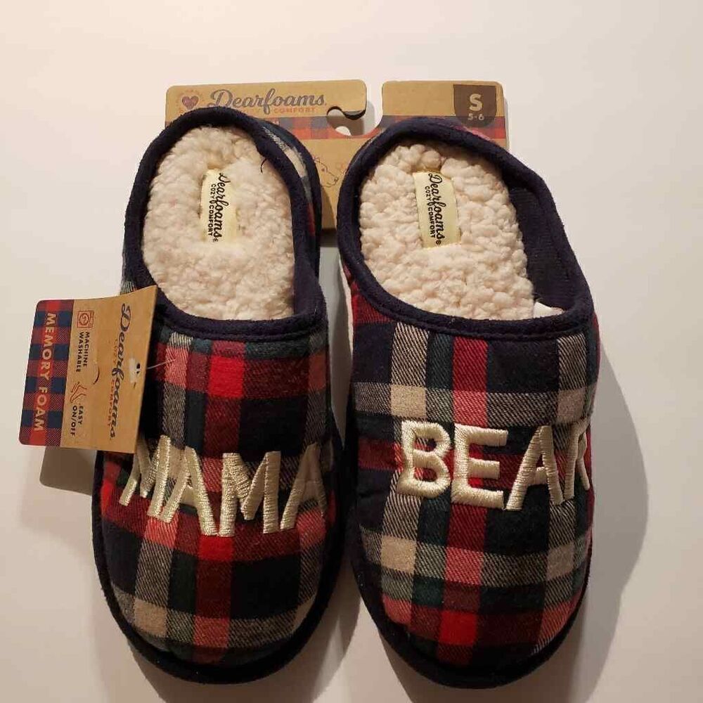 Dearfoams Memory Foam Christmas PlaidMama Bear Slippers